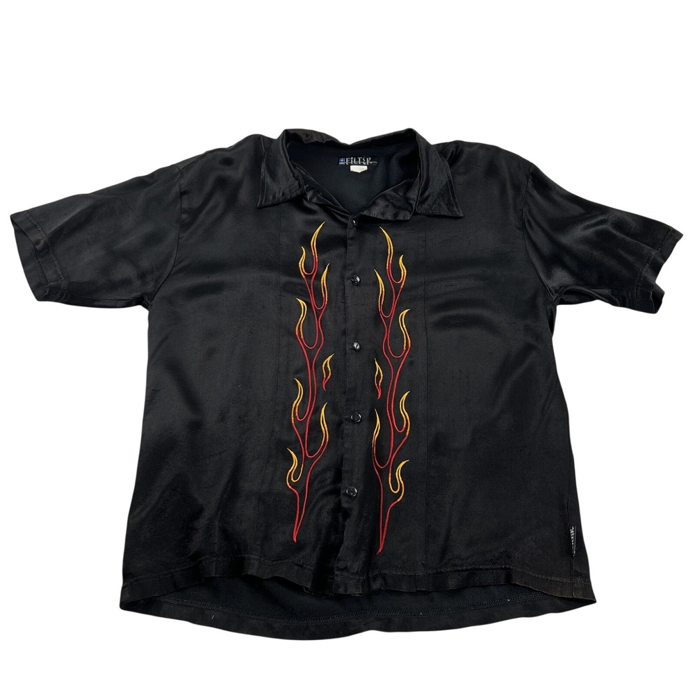 Y2k Filter Flame Embroidered Satin Bowling Shirt L Black Streetwear Biker Vtg
